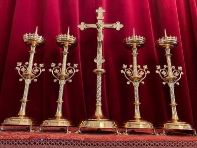 Candle Sticks With Matching Cross Altar Set  Measures: Cross style Gothic - style en Bronze / Polished and Varnished, Belgium 19 th century ( Anno 1890 )