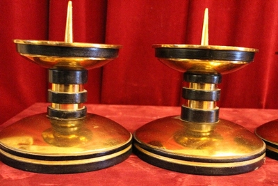 Matching Candle-Holders style ART - DECO en Brass / Bronze / Ebony wood, Belgium 20th century (Anno 1930)