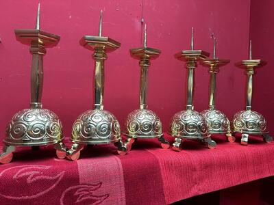 Matching Candle Sticks Height Without Pin. style Art Nouveau  en Brass / Bronze / Polished and Varnished, Belgium  20 th century ( Anno 1930 )