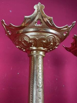 Matching Candle Sticks Height Without Pin. style Gothic - Style en Bronze Gilt / Polished and Varnished, France 19 th century ( Anno 1885 )