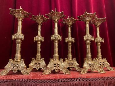 Matching Candle Sticks Altar Set Height Without Pin. style Romanesque en Brass / Polished / New Varnished, France 19th century ( anno 1890 )