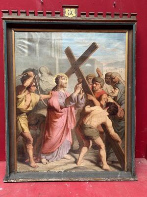 Stations Of The Cross Signed : H.J.P. Hanau. Also For Sale Seperately. style Gothic - Style en Wooden Frames / Painted on Linen, Utrecht Neterlands 19 th century ( Anno 1863 )