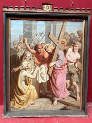 Stations Of The Cross Signed : H.J.P. Hanau. Also For Sale Seperately. style Gothic - Style en Wooden Frames / Painted on Linen, Utrecht Neterlands 19 th century ( Anno 1863 )