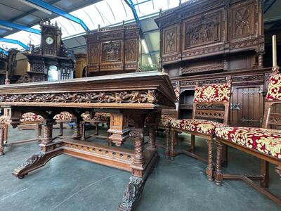 Table Adjustable With Chairs style Gothic - Style en Oak wood / Fabrics, France 19 th century