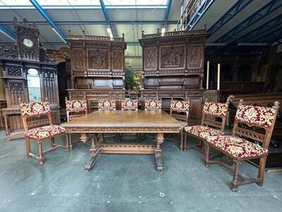 Table Adjustable With Chairs style Gothic - Style en Oak wood / Fabrics, France 19 th century