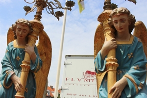Angels. Height Angels Without Chandeliers: 100 Cm. en Terra-Cotta polychrome, France 19th century