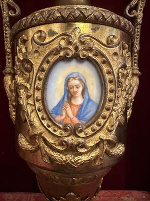 Pair Classicistic Exceptional Floral Altar Pieces 140 Cm High ! Very High Quality Enamel Representations Of St. Mary & St. Joseph