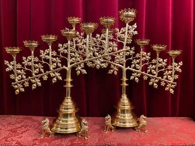 Candle Holders style Gothic - Style en Brass / Bronze / Polished and Varnished, Belgium  19 th century ( Anno 1885 )