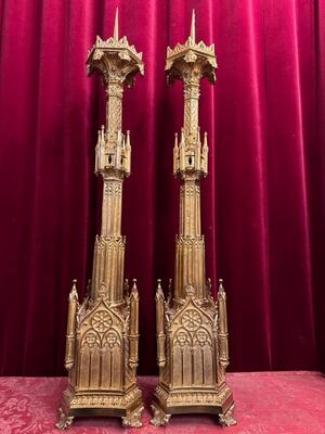 Exceptional Candle Holders Height 100 Cm. Measures Without Pin. style Gothic - Style en Full Bronze Gilt, France 19 th century ( Anno 1865 )