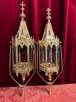 Lanterns style Gothic - Style en Brass / Polished and Varnished / Glass, Belgium  19 th century