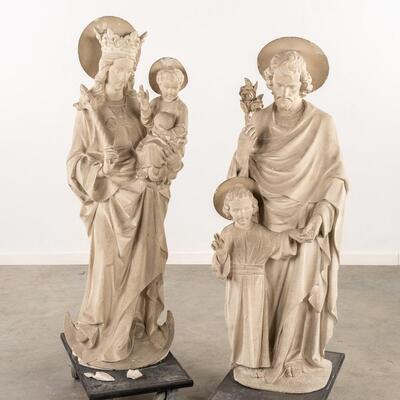 Sandstone Sculptures Of St. Mary With Child & St. Joseph. After Design Of Edouard Van Den Eynde style Gothic - Style en Hand - Carved Sandstone. , Gent - Belgium  19 th century