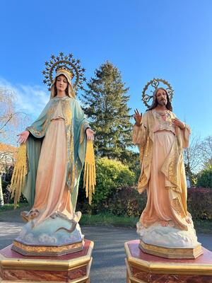 St. Mary & Jesus With Matching Stands style Gothic - Style en Plaster polychrome / Glass Eyes / Wood, Olot - Spain 19 th century