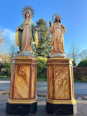 St. Mary & Jesus With Matching Stands style Gothic - Style en Plaster polychrome / Glass Eyes / Wood, Olot - Spain 19 th century