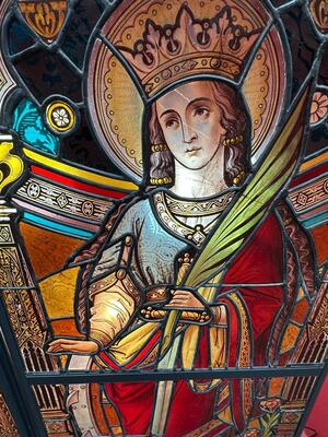 Stained Glass Windows St. Barbara & St. Catherine Of Antiochia. Architect Molenaar style Gothic - Style en Glass, Jesuit - Church Groningen - Netherlands 19 th century ( Anno 1888 )