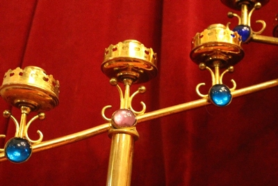 Matching Candle Holders en Brass / Stones, Belgium 20th century ( anno 1910 )