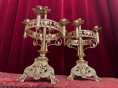 Candle Holders style Romanesque - Style en Brass / Bronze / Polished and Varnished, France 19 th century ( Anno 1885 )
