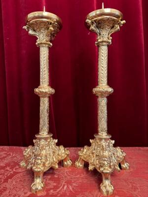 Candle Holders Measures Without Pin style Romanesque - Style en Bronze / Polished and Varnished, Belgium  19 th century ( Anno 1875 )