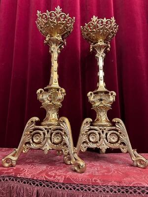 Candle Holders Measures Without Pin style Romanesque - Style en Bronze / Gilt / Polished and Varnished, France 19 th century ( Anno 1865 )