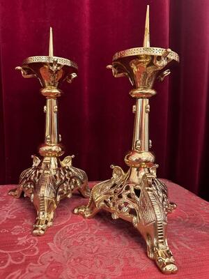 Pair Romanesque - Style Candle Holders Measures Without Pin