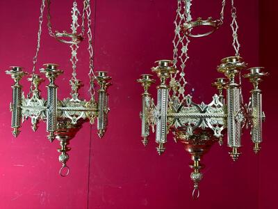 Matching Sanctuary Lamps style Romanesque - Style en Brass / Bronze / Polished and Varnished, France 19 th century ( Anno 1885 )