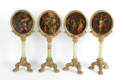 Series Of 4 Rosary Stand-Images, Both Sites Fully Hand-Painted Imaginations, Oil On Brass, Onyx Columns, Hand-Carved Feet.  Italy  19th century Anno about 1825