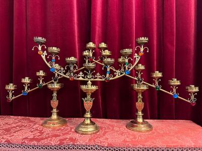 Candle Holders  style Gothic - Style en Brass / Bronze / Glass, Belgium  19 th century ( Anno 1890 )