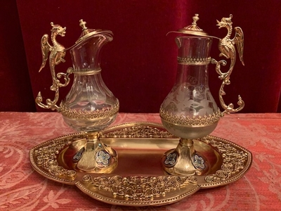 Cruets New Polished And Varnished style Romanesque en Brass / Bronze / Glass / Enamel , France 19th century ( anno 1875 )